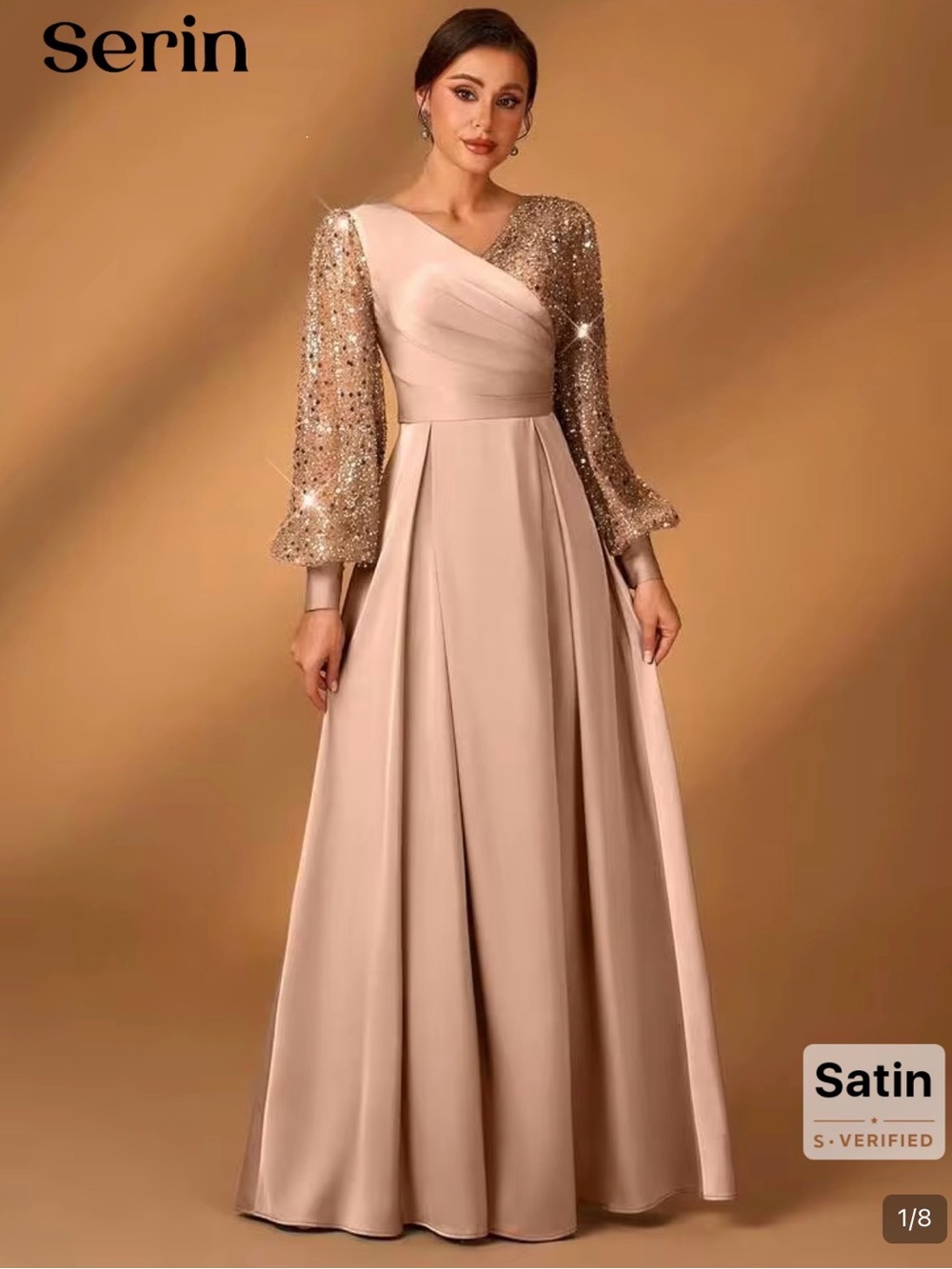 Blush Satin Sequin Sleeve Evening Gown
